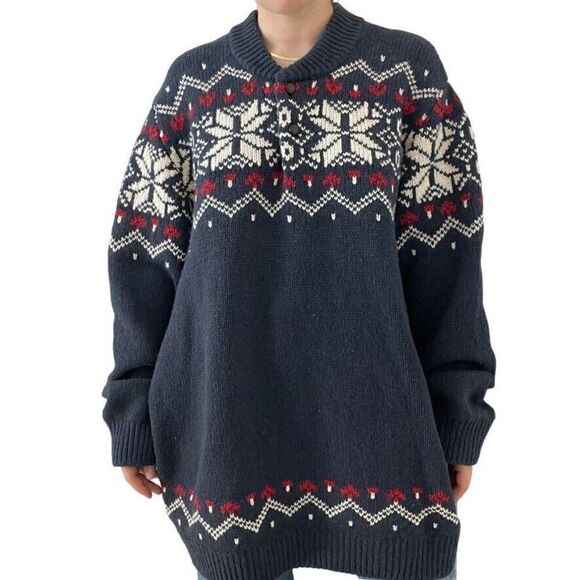 LL Bean Mens Navy Blue Red Lambswool Fair Isle Snowflake Cowl Neck Sweater XXL - Picture 7 of 7